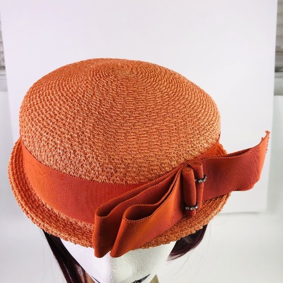 Vintage 1950s Orange Big Bow Strap Cap Pillbox Fascinator Hat Headwear Costume